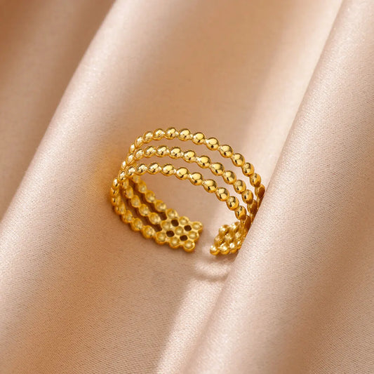 Stainless Steel Beads Design Ring – Gold Color Adjustable Wedding & Party Jewelry for Women